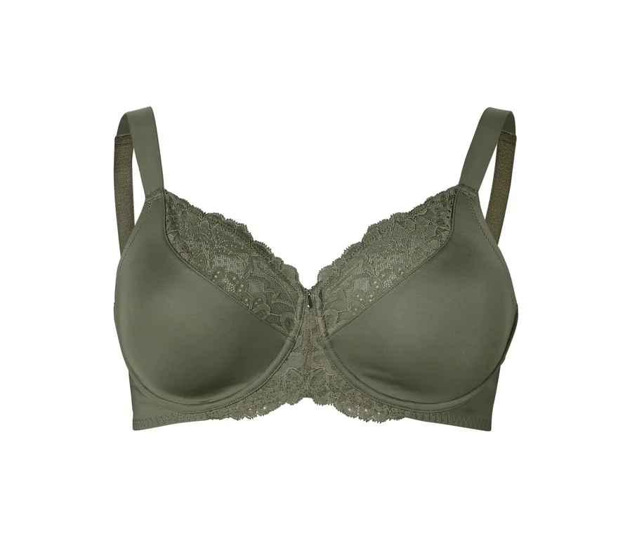 Soutien-gorge vert olive avec larges bretelles et dentelle sur les bonnets.