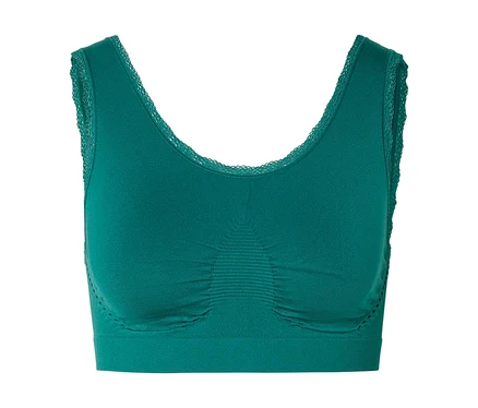 Soutien-gorge de sport vert avec bordure en dentelle à l'encolure et aux bretelles.