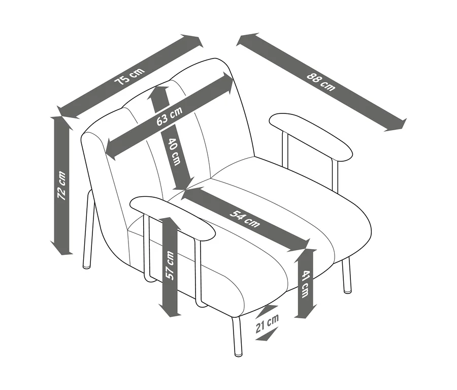 Dimensions d'un fauteuil avec accoudoir: 75 cm L, 88 cm P, 72 cm H. Assise: 63 cm L, 54 cm P, 41 cm H. Hauteur accoudoirs 57 cm.