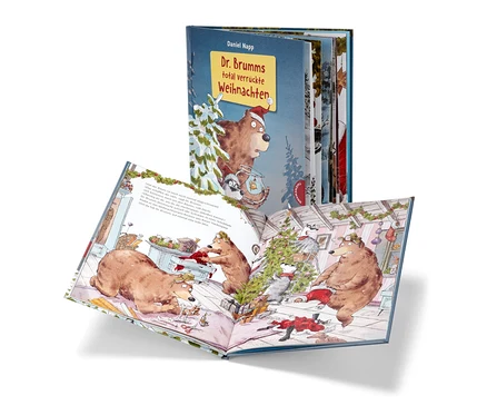 Livre ouvert « Dr. Brumms total verrückte Weihnachten » avec des illustrations d'ours et de ratons laveurs décorant un sapin de Noël, avec une autre édition du livre en arrière-plan.