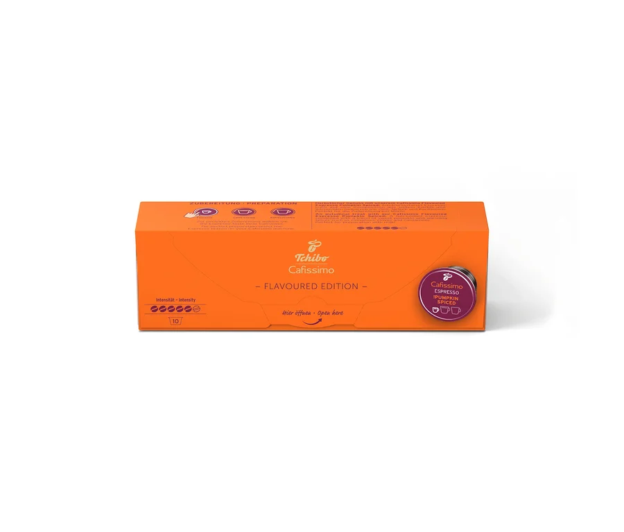 Paquet orange de 10 capsules Cafissimo Flavoured Espresso Pumpkin Spiced, intensité 5 sur 6.