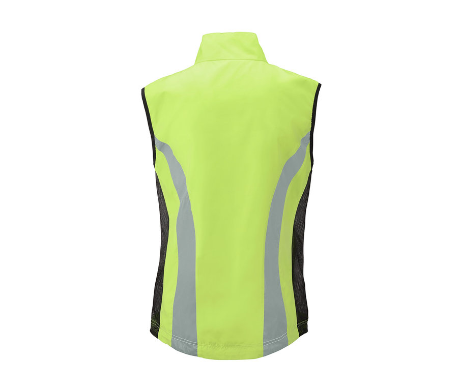 Vue arrière d'un gilet de sport jaune néon avec des détails réfléchissants argentés.