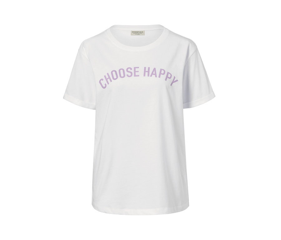 T-shirt blanc en coton bio avec l'inscription violette "choose happy".