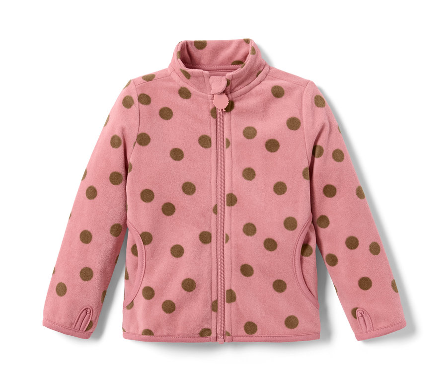 Veste en polaire rose à pois marron.