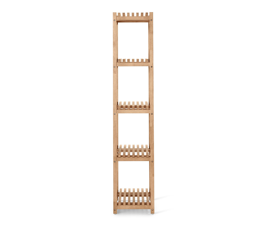 Étagère étroite avec quatre tablettes en bois naturel.