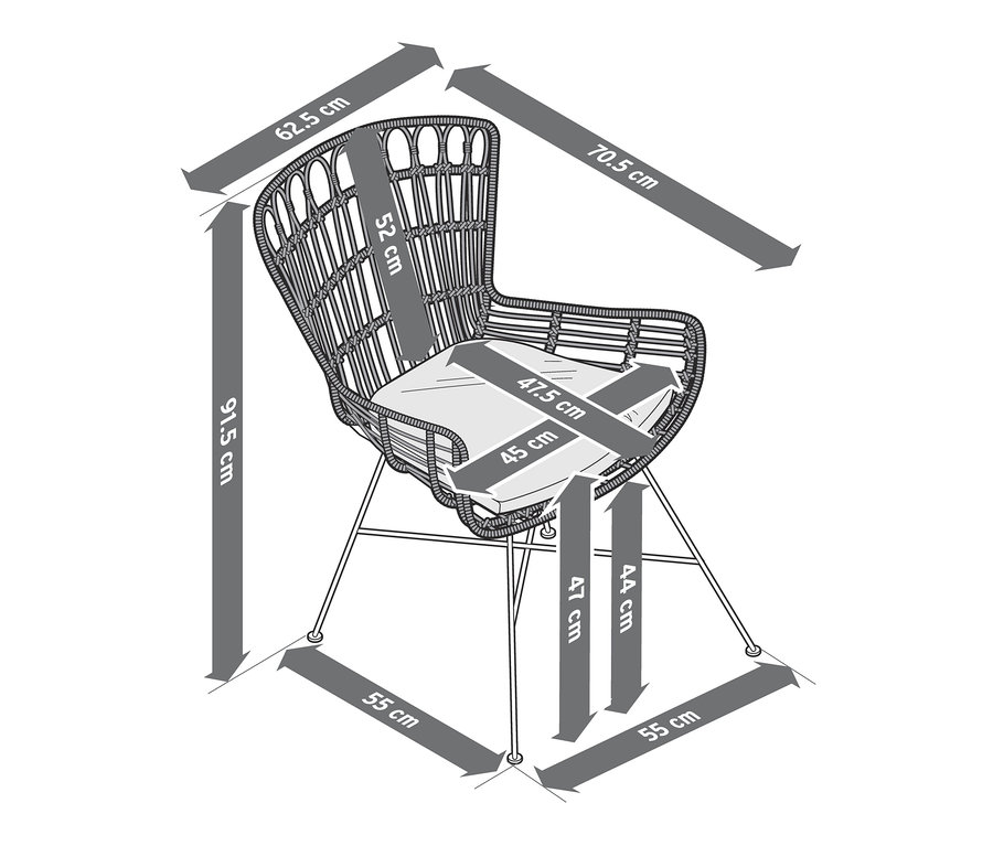 Dimensions d'une chaise de jardin avec tressage en polyrotin.