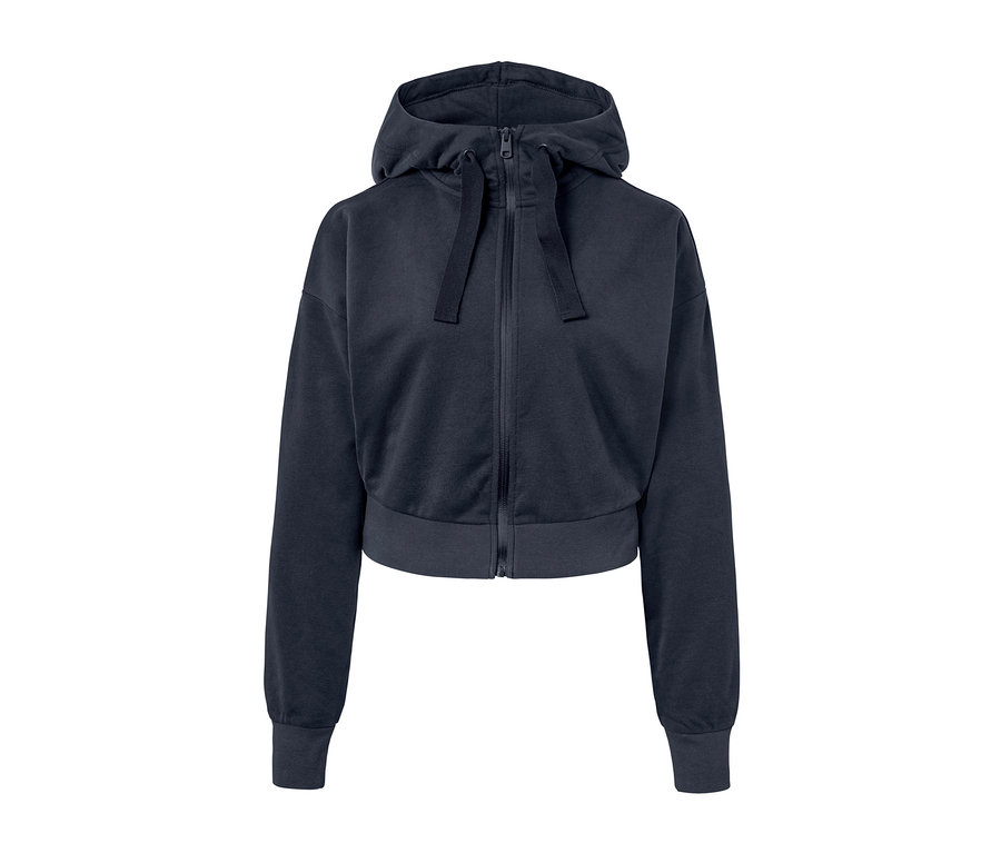 Jaquette de sport courte et molletonnée bleu foncé avec fermeture éclair et capuche.