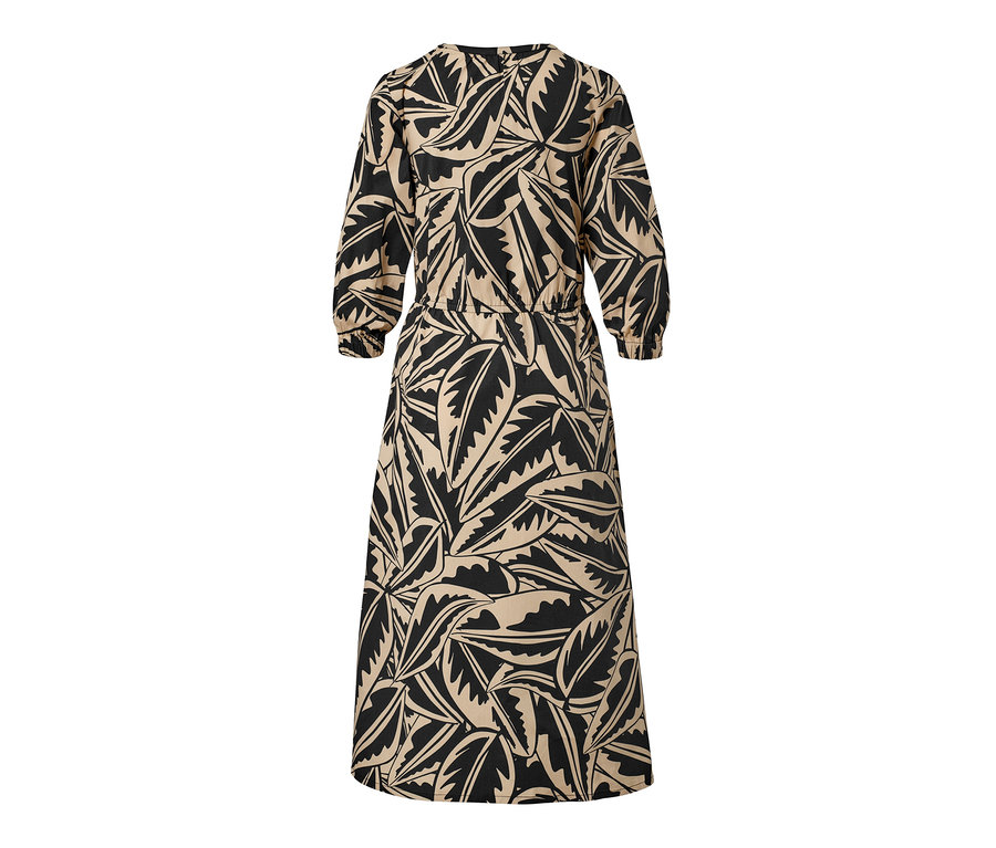 Longue robe en popeline avec imprimé de feuilles de palmier noires.