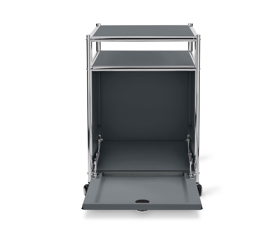 Caisson en métal gris à roulettes « CN3 » avec abattant ouvert.