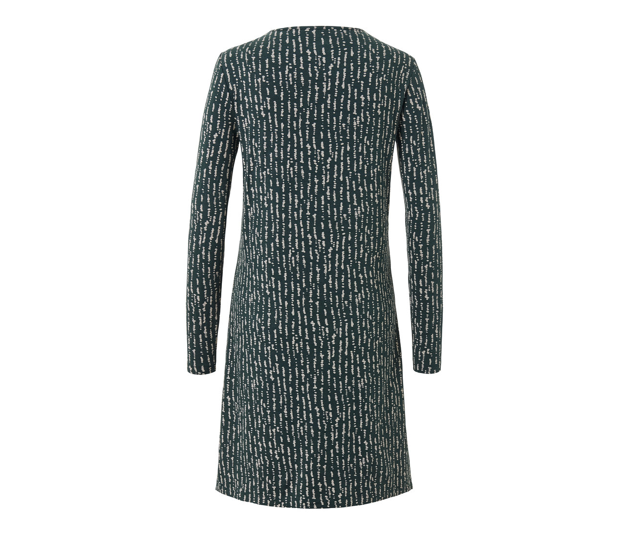 Vue arrière d'une chemise de nuit à manches longues sur fond vert foncé avec un motif blanc.