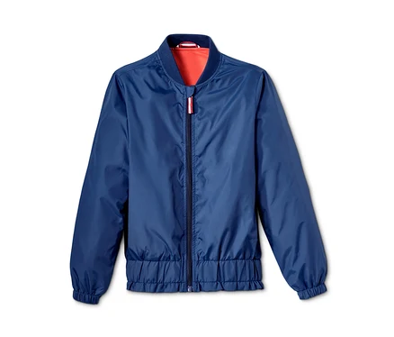 Veste style bomber recyclée bleue avec fermeture éclair.