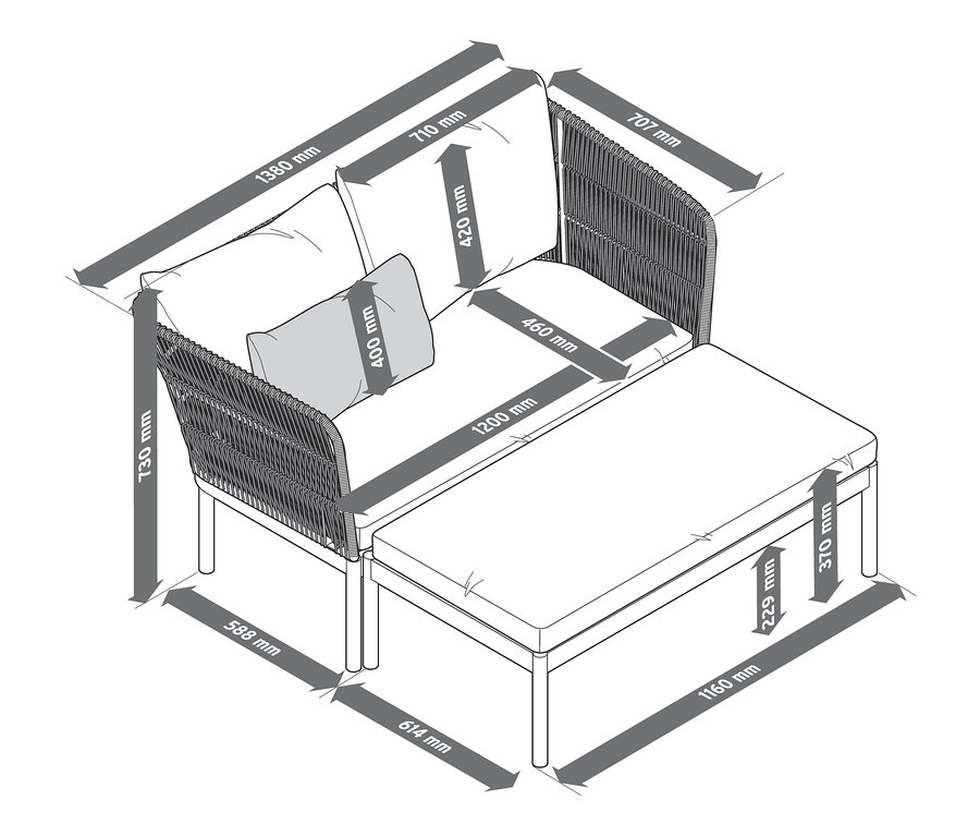 Schéma d'un canapé d'extérieur avec repose-pied pour le jardin, avec ses dimensions.