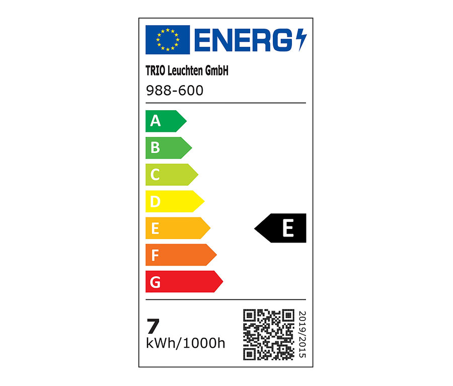 Étiquette énergétique pour lampadaire trépied avec des classes d'efficacité énergétique allant de A à G, où E est marqué d'une flèche noire.