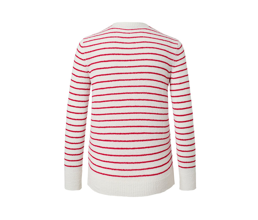 Vue arrière d'une jaquette en maille aspect bouclé à rayures horizontales rouges sur fond blanc.