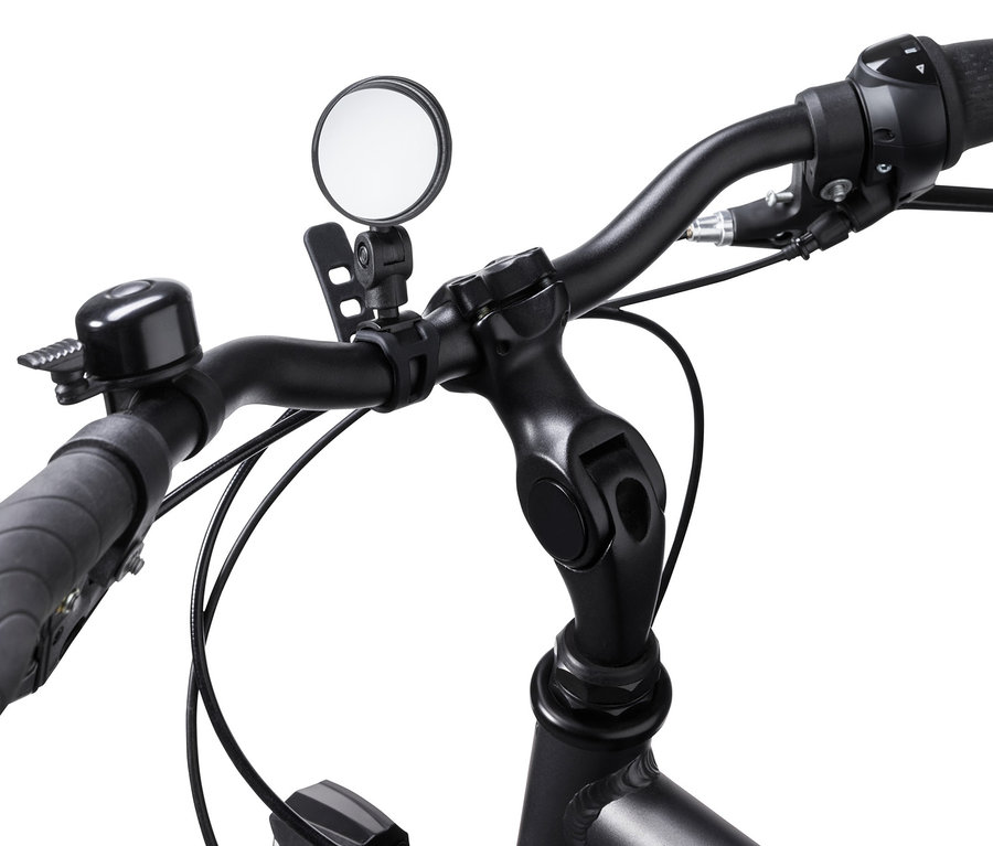 Gros plan sur un guidon de vélo noir avec un mini-rétroviseur de vélo.