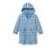 Poncho en tissu éponge pour enfant à rayures bleues et blanches avec capuche et poche.