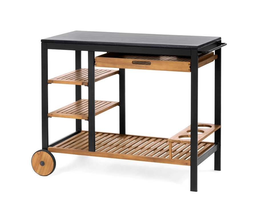 Chariot pour barbecue « Elin » avec tiroir et surface de travail en béton, étagères en bois et cadre noir.