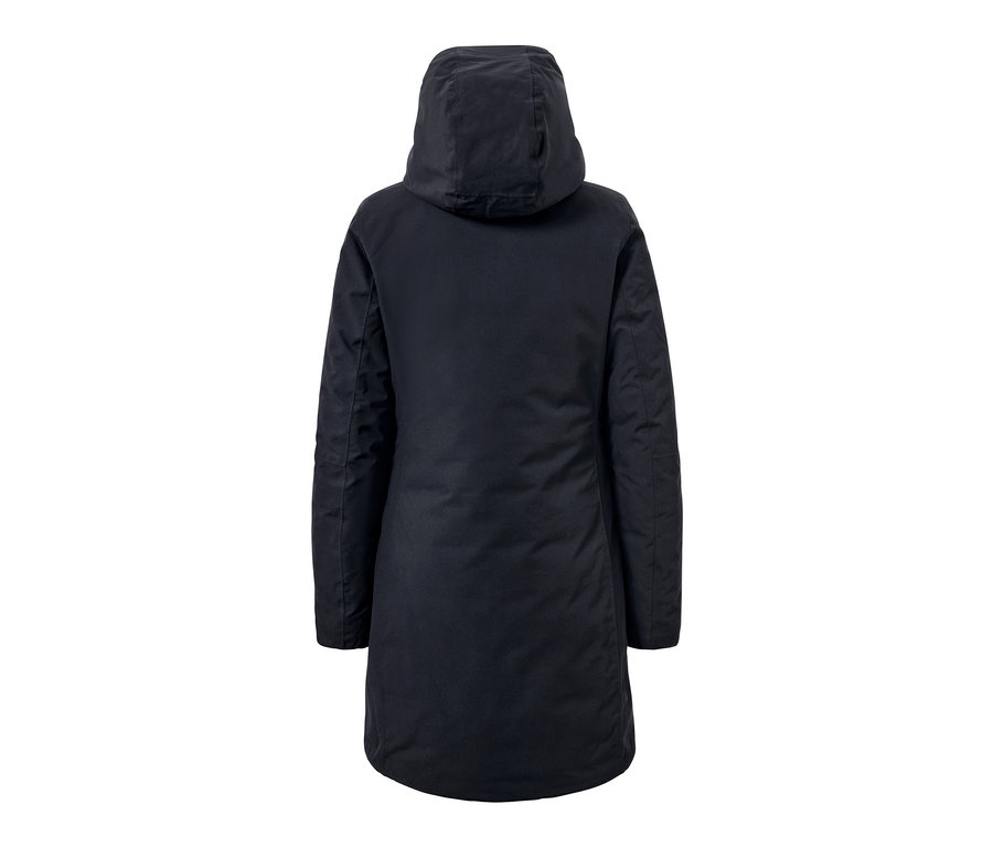 Vue arrière d'un manteau thermique bleu foncé.