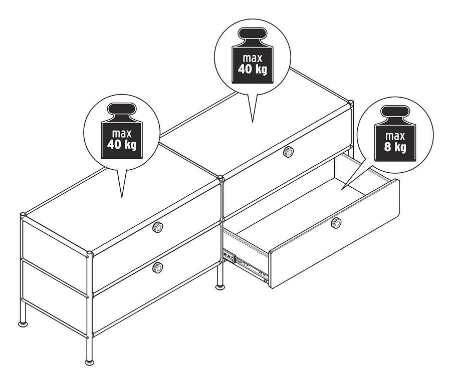 Un meuble bas en métal « CN3 » avec 4 tiroirs, un tiroir est ouvert.