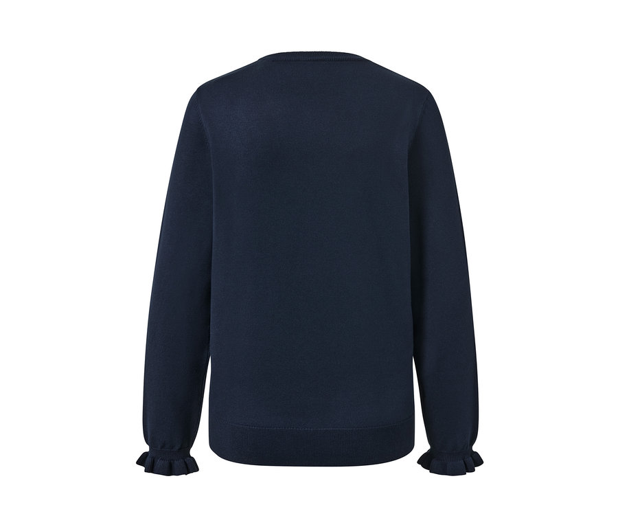 Pull en maille fine bleu foncé avec poignets ruchés.