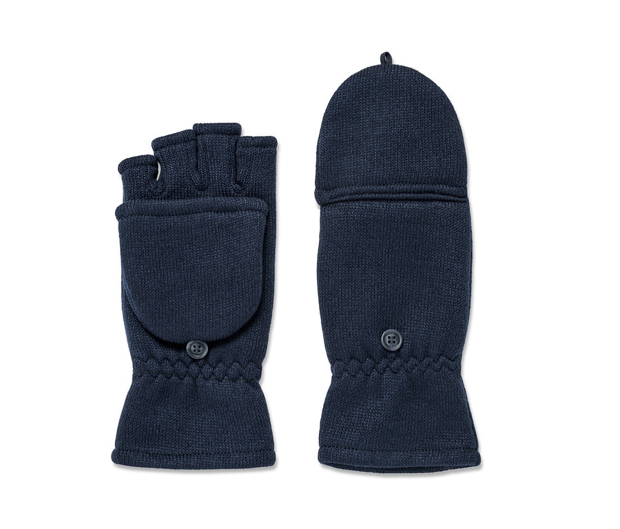 Deux moufles et mitaines à rabats en polaire tricotée pour enfant bleu marine, dont une avec le rabat ouvert.