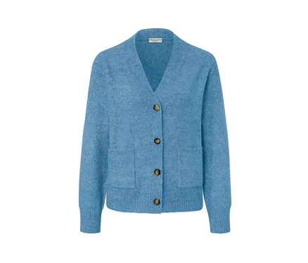 Cardigan en laine bleu clair avec des boutons marron.