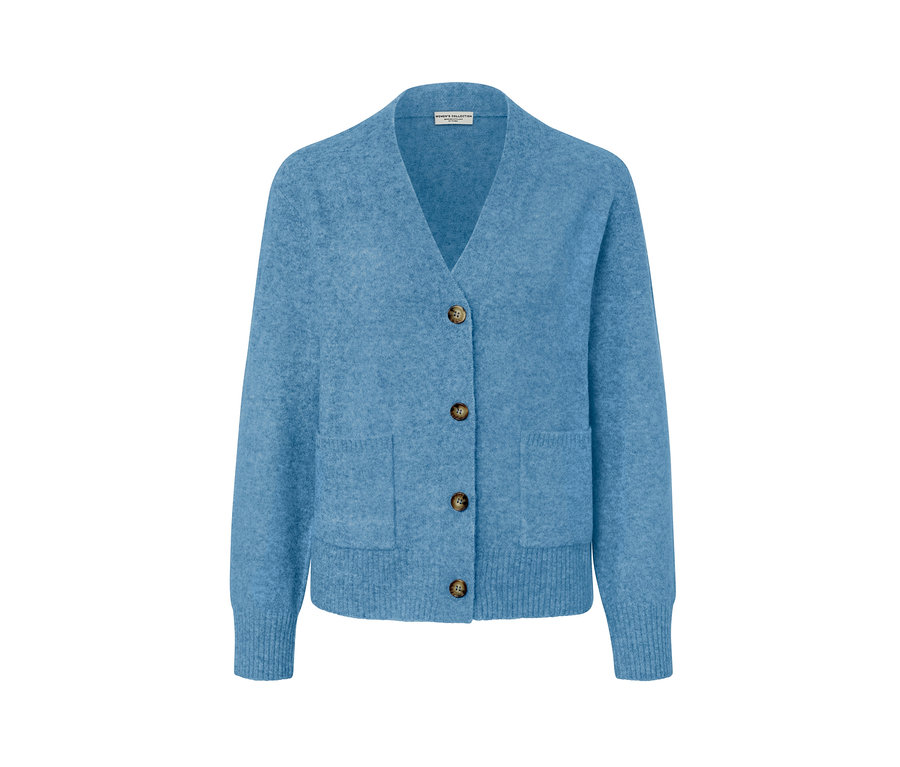 Cardigan en laine bleu clair avec des boutons marron.