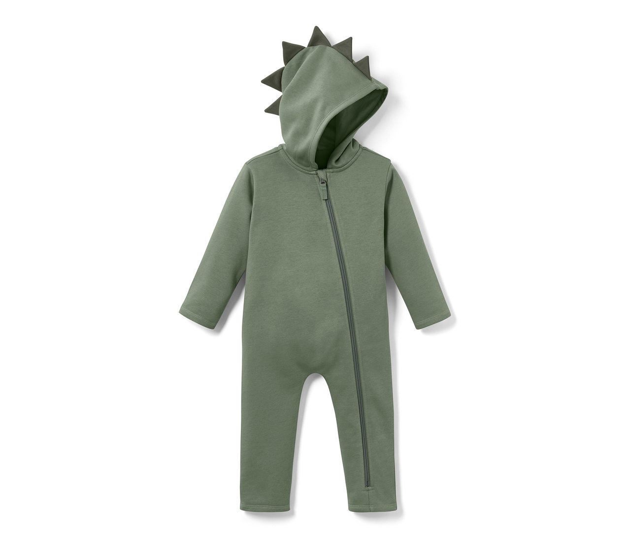 Combinaison en sweat verte pour enfant avec motif dinosaure appliqué sur la capuche.