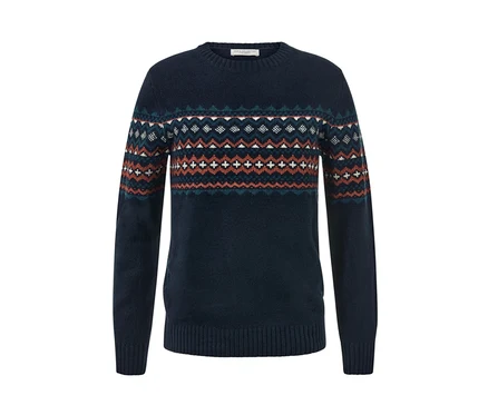 Pull en maille bleu marine avec motif géométrique.