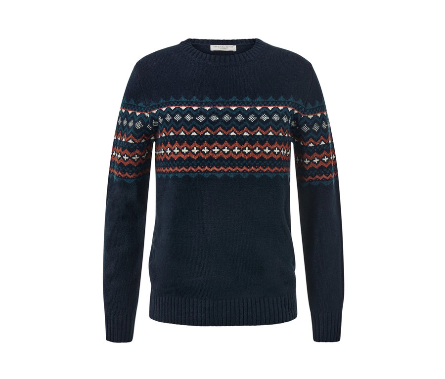 Pull en maille bleu marine avec motif géométrique.