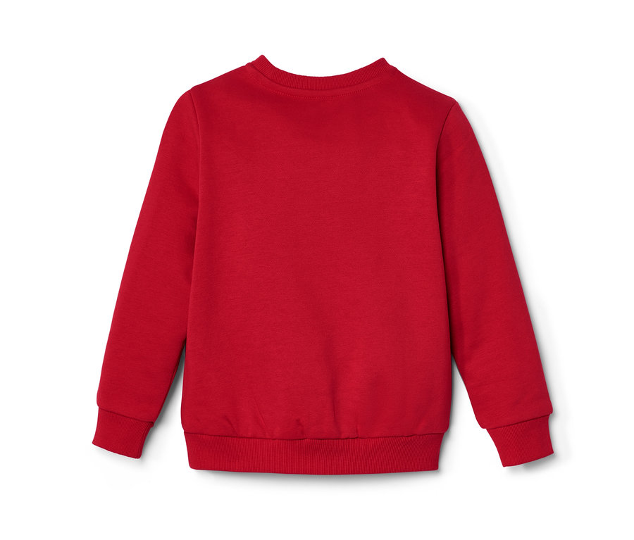 Un sweat-shirt enfant rouge avec intérieur gratté posé sur un fond blanc.