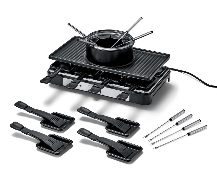 Gril à raclette et à fondue 2-en-1 noir avec quatre spatules et quatre fourchettes à fondue.