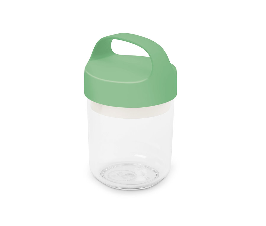 Un récipient transparent pour produits à emporter avec poignée, petit, avec un couvercle vert clair.