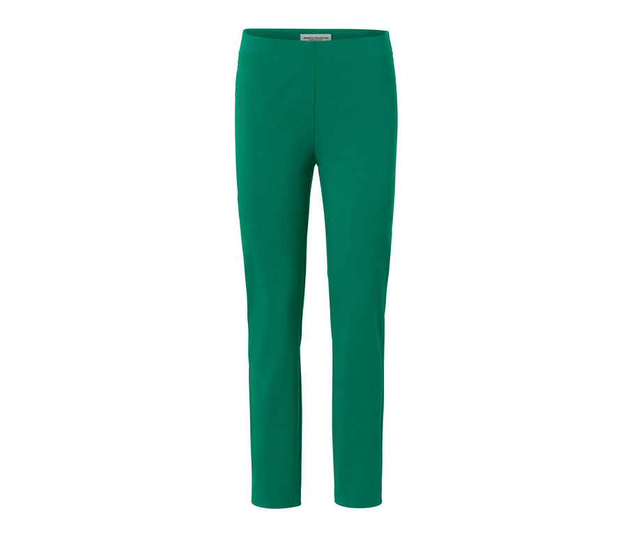 Pantalon stretch vert sur fond blanc.