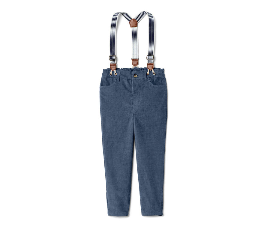Pantalon en velours bleu pour enfant avec bretelles amovibles.