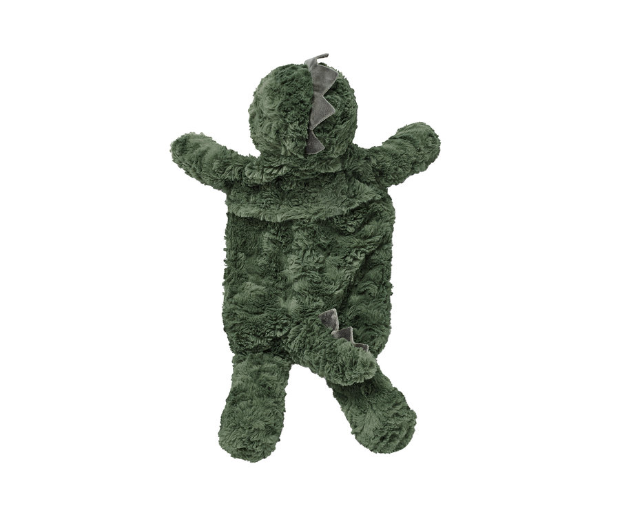 Une bouillotte dinosaure verte en peluche avec des détails gris.