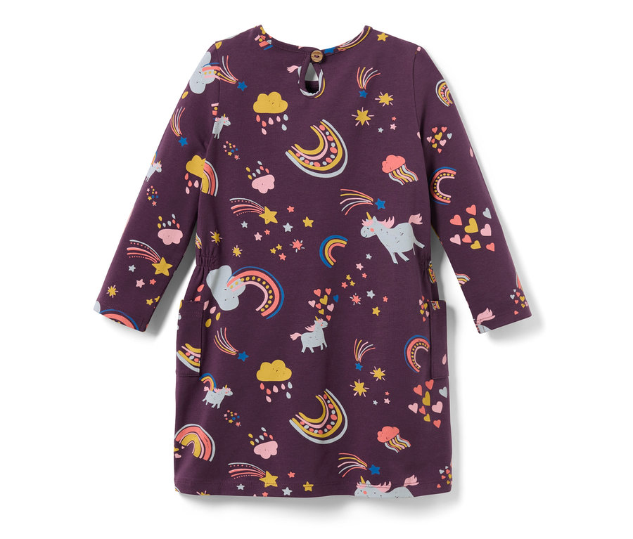 Robe en jersey violette pour enfant avec motifs de licornes, d'arcs-en-ciel, d'étoiles et de nuages.