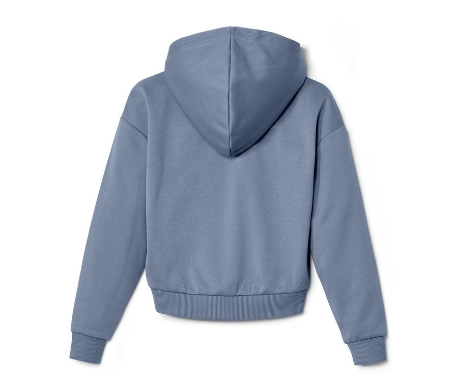 Veste de sport bleue pour enfant avec capuche vue de dos.