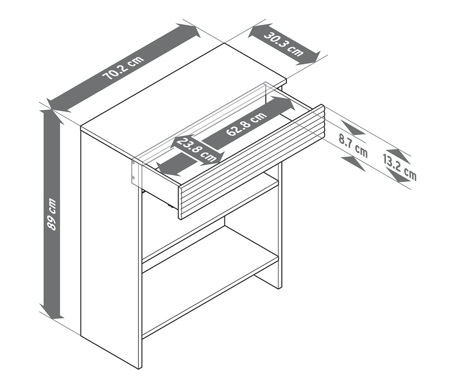 Image d'une console avec tiroir et ses dimensions.