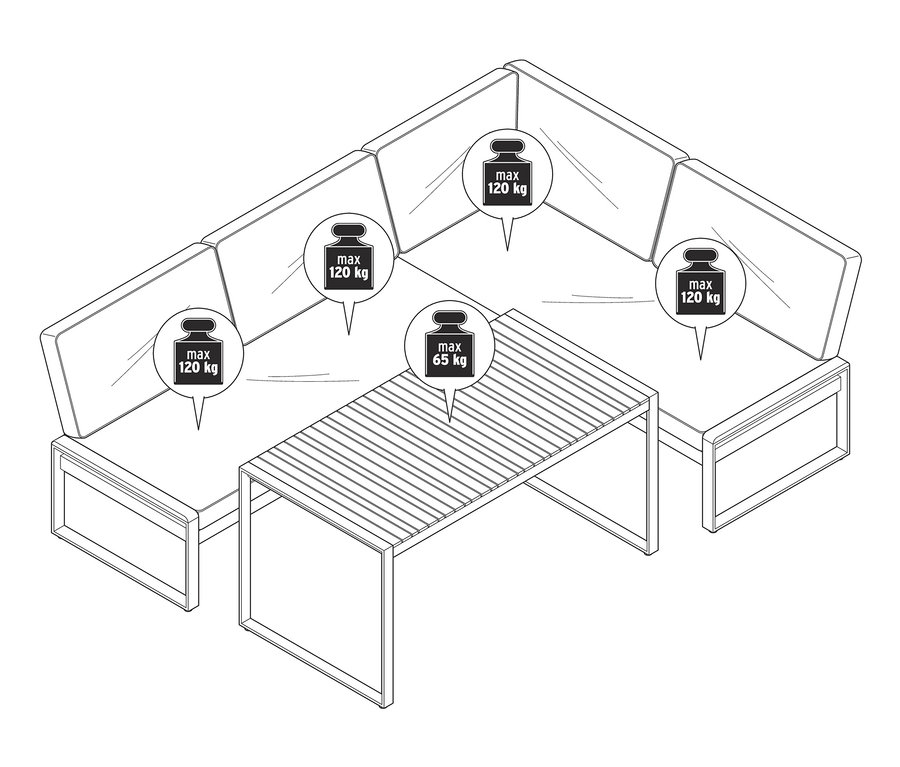 Coin dining-lounge « Elin » avec coussins premium confortables, charge maximale de 120 kg par assise et 65 kg pour la table.