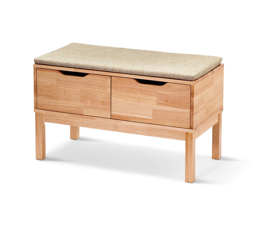 Banc en bois clair avec tiroirs et assise rembourrée beige.