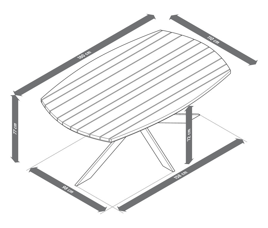 Illustration d'une table à manger avec un pied en X moderne d'environ 1,8 m.