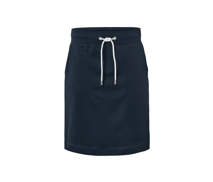 Jupe en sweat bleu marine avec cordon de serrage blanc.