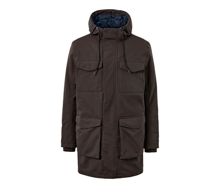 Parka marron avec capuche et plusieurs poches.