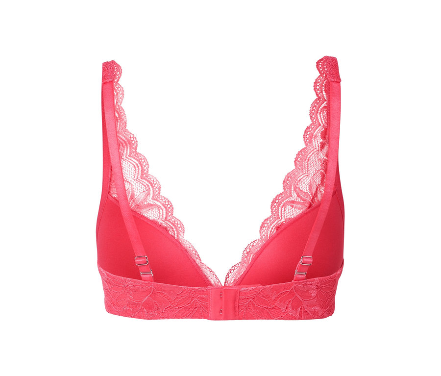 Vue détaillée de l'arrière d'un soutien-gorge à coques souples rouge avec détails en dentelle.