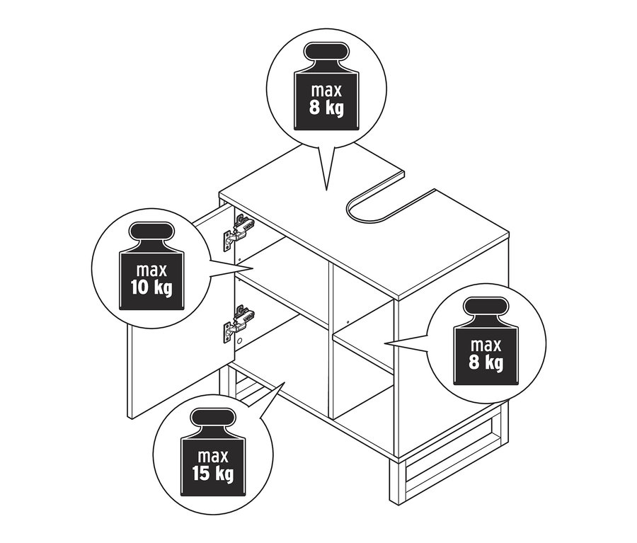 Dessin d'un meuble sous-vasque avec porte et compartiment latéral, une porte étant ouverte et une étagère se trouvant à l'intérieur.
