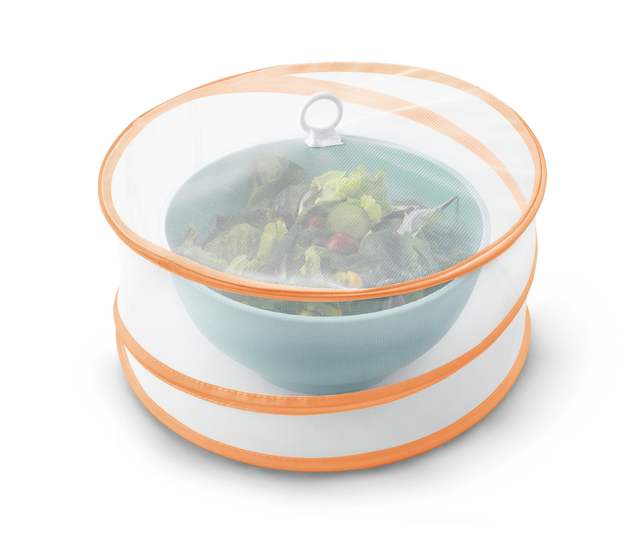 Salade dans un bol bleu recouverte d'une cloche de protection pliable.