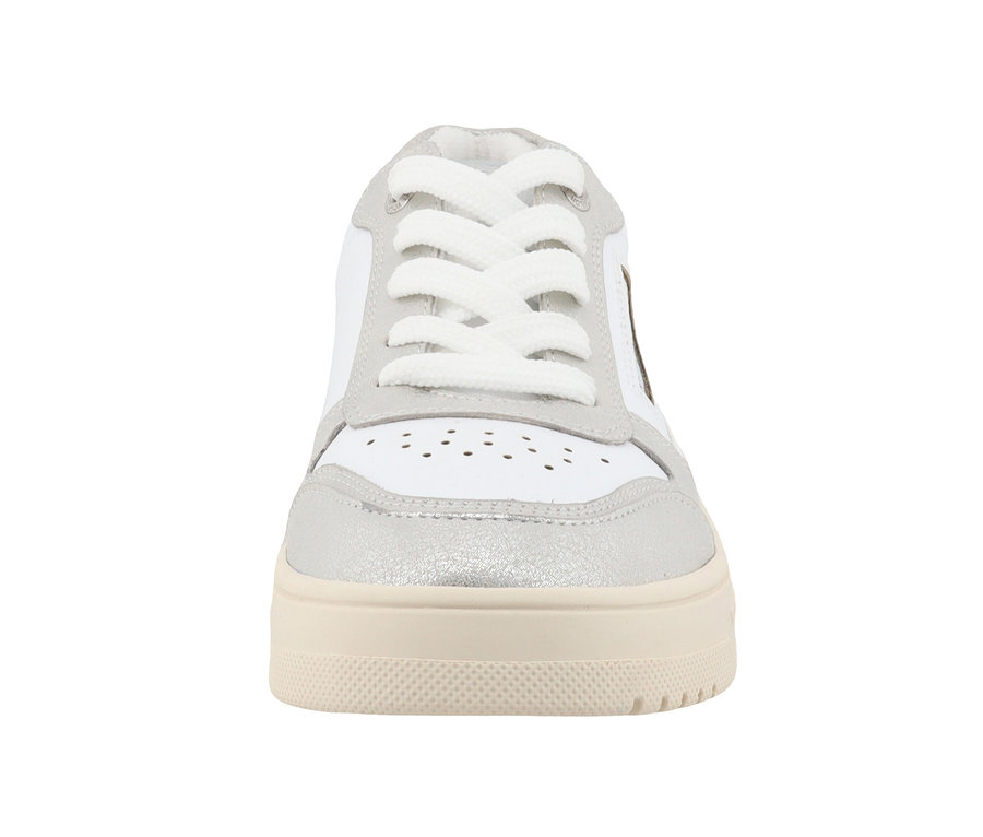 Vue de face de baskets argenté et blanc Tom Tailor en PU avec des lacets blancs.
