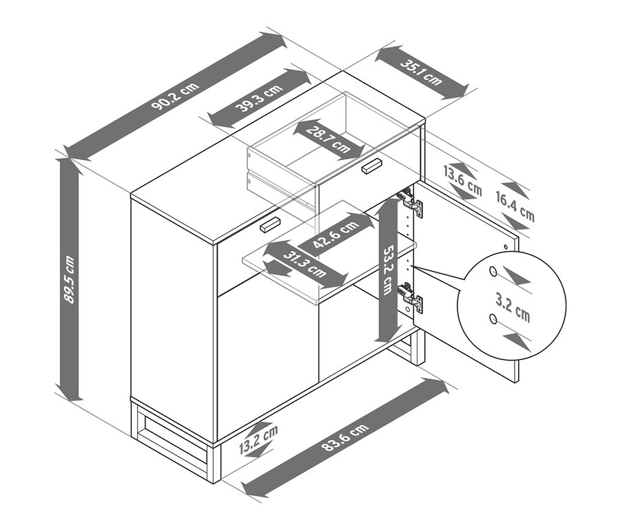 Présentation d'un meuble de rangement blanc avec 2 tiroirs et 2 portes avec les dimensions indiquées.