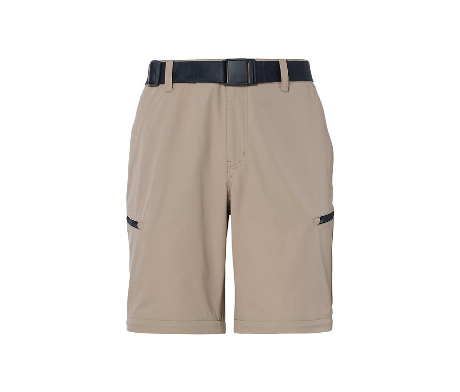 Pantalon technique 2 en 1 beige avec une ceinture noire.